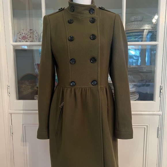 Burberry Brit Double Breasted Military Wool Cashmere Coat US 10 / UK 12 Green - Picture 1 of 16